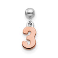 Mio Memento Sterling Silver Rhodium-plated Rose-tone Dangle Number 3 Charm, 12 x 3.85 mm