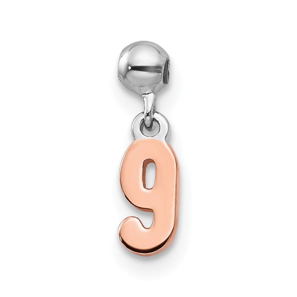 Mio Memento Sterling Silver Rhodium-plated Rose-tone Dangle Number 9 Charm, 12 x 3.38 mm