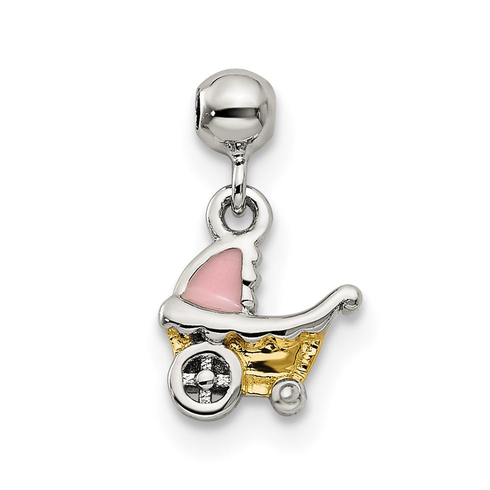 Mio Memento Sterling Silver Gold Tone Enamel Baby Carriage Charm, 12.4 x 7 mm
