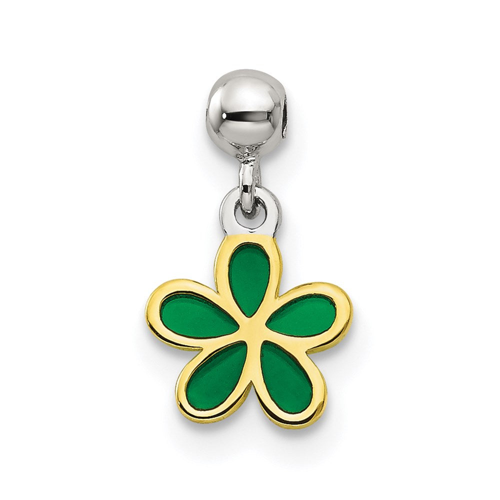 Mio Memento Sterling Silver Gold-tone Green Enamel Flower Charm, 11.1 x 6.9 mm