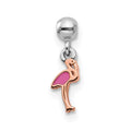 Mio Memento Sterling Silver Rhodium-plated Rose-tone Enamel Dangle Flamingo Charm, 12 x 3.68 mm