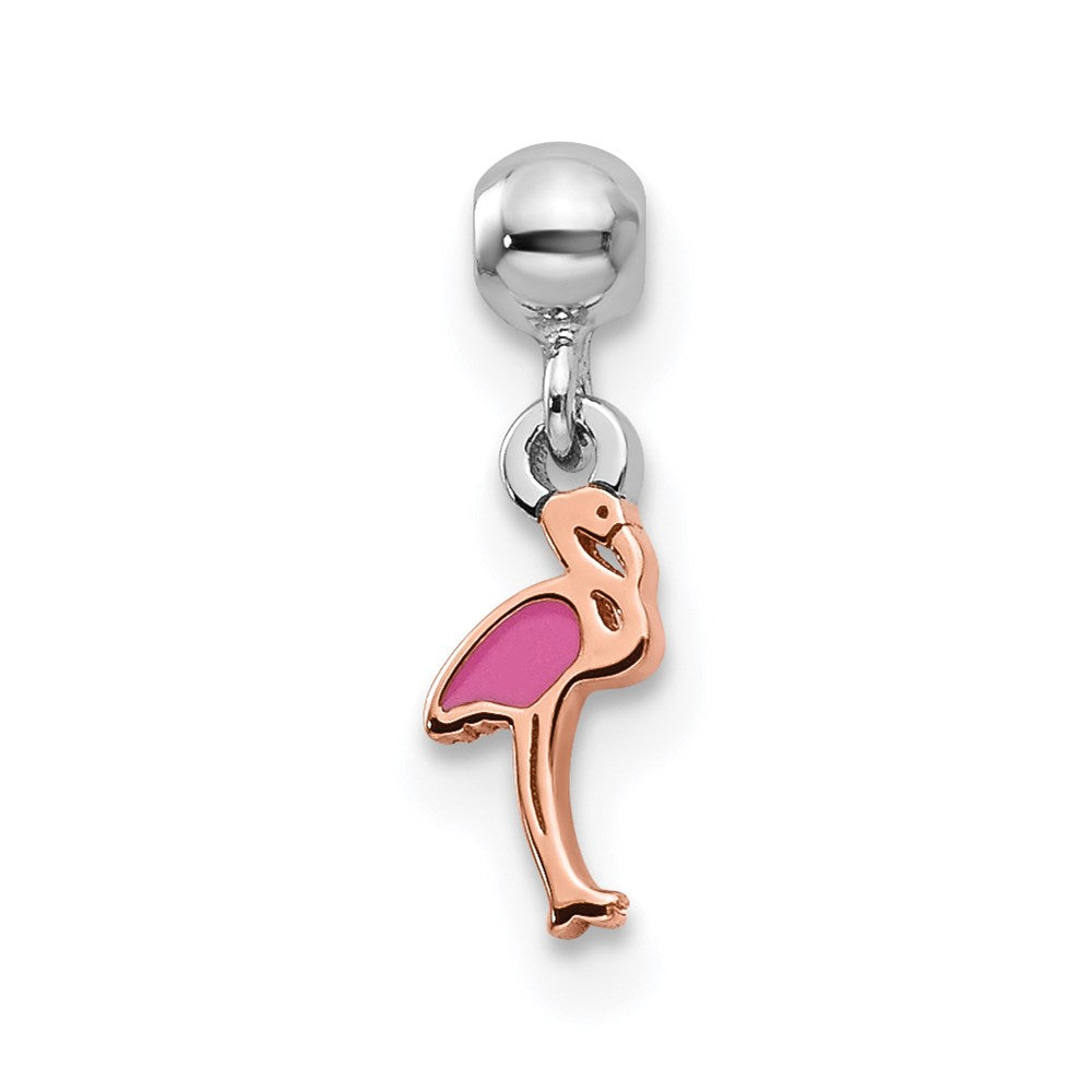 Mio Memento Sterling Silver Rhodium-plated Rose-tone Enamel Dangle Flamingo Charm, 12 x 3.68 mm