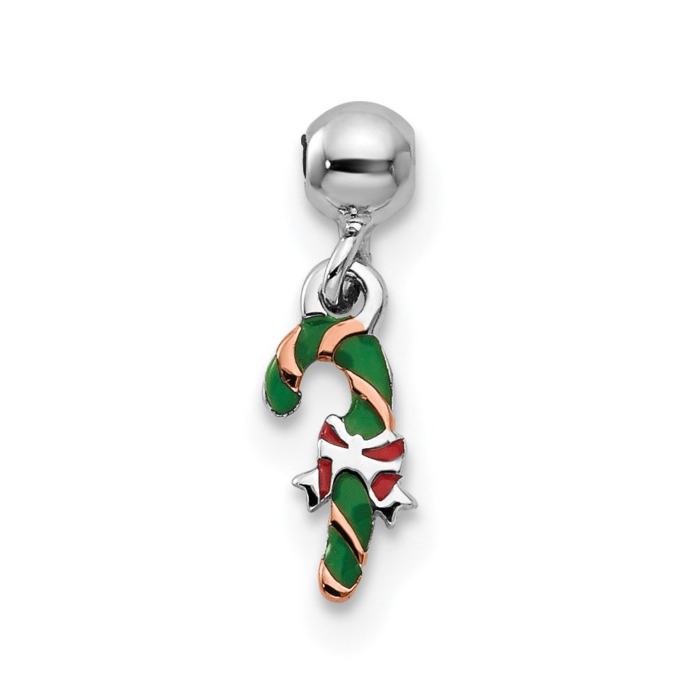 Mio Memento Sterling Silver Rhodium-plated Gold-tone Enamel Candy Cane Charm, 12 x 3.41 mm