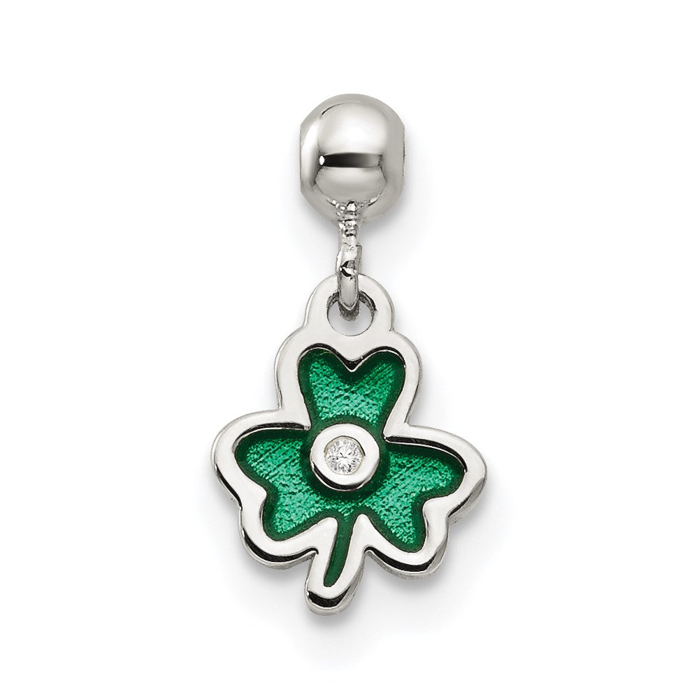 Mio Memento Sterling Silver Enamel with CZ Dangle Clover Charm, 12.5 x 6.7 mm