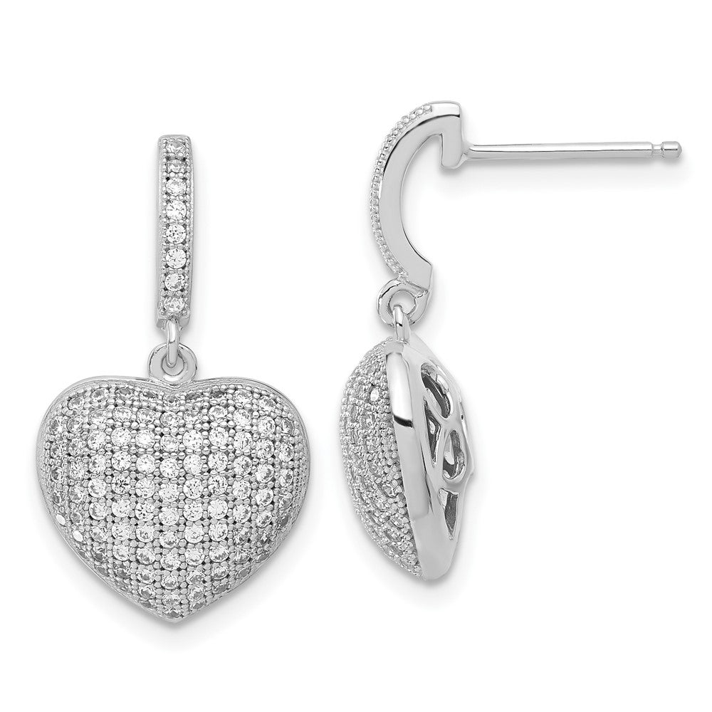 Sterling Silver & CZ Brilliant Embers Polished Heart Dangle Post Earrings, 23.6 x 13.4 mm