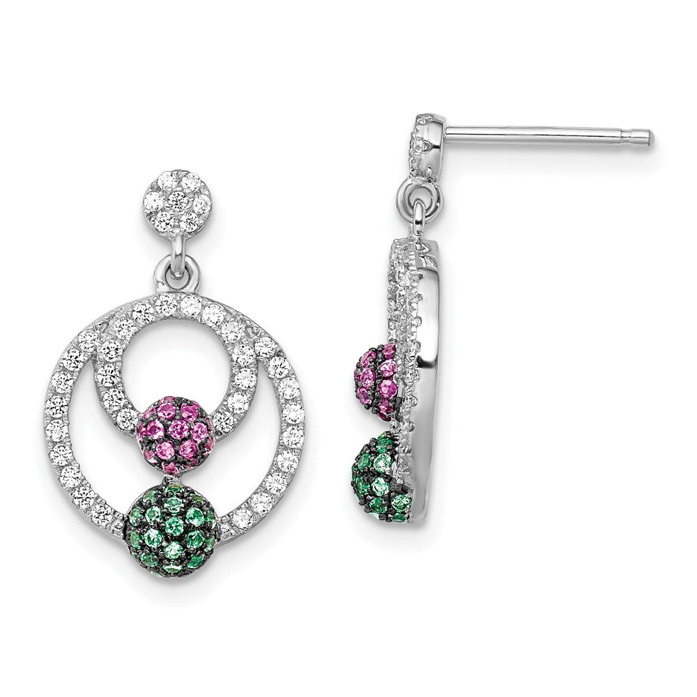 Brilliant Embers Sterling Silver Rhodium-plated 152 Stone Multi Micro Pav‚ Green Red and White CZ Circle Dangle Post Earrings, 21 x 14 mm