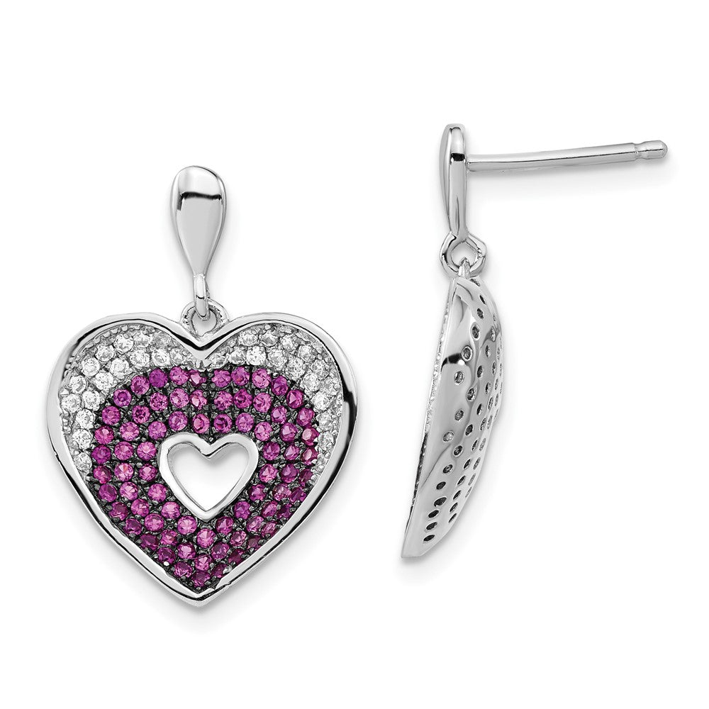 Brilliant Embers Sterling Silver Rhodium-plated Pink & Clear CZ Heart Post Dangle Earrings, 22.3 x 16.2 mm