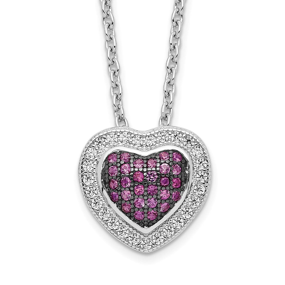 Brilliant Embers Sterling Silver Rhodium-plated 112 Stone 18 inch with 2 inch extender Lobster Clasp Micro Pav‚ Red and White CZ Heart Necklace with 2 Inch Extender, 18 mm