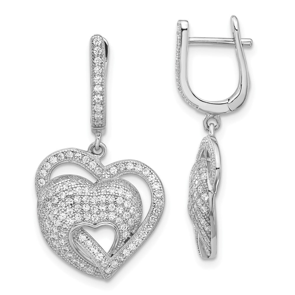 Sterling Silver Brilliant Embers CZ Hearts Hinged Post Dangle Earrings, 33.25 x 17.5 mm