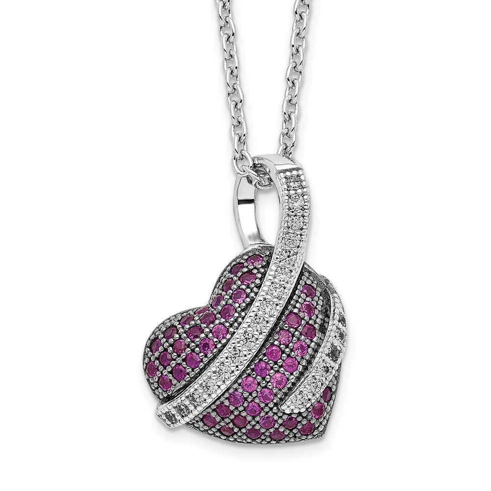 Brilliant Embers Sterling Silver Rhodium-plated 68 Stone 18 inch Micro Pav‚ Pink and White CZ Heart Necklace with 2 Inch Extender, 0.54 ct, 18 mm