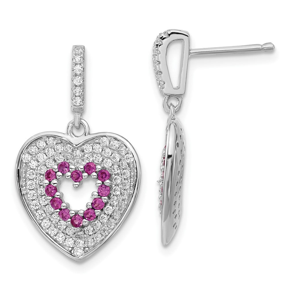 Sterling Silver Brilliant Embers Pink & Clear CZ Heart Dangle Post Earrings, 26 x 15.7 mm