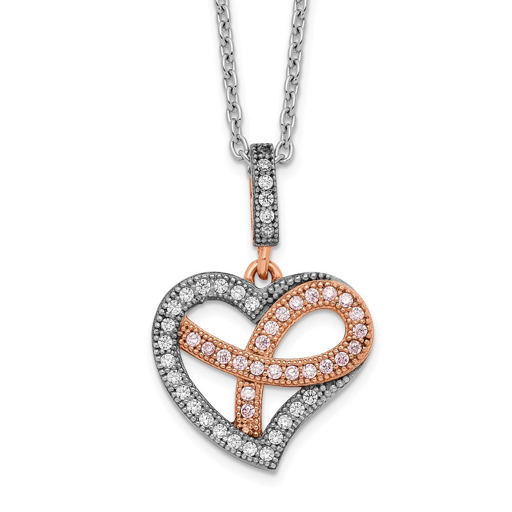 Brilliant Embers Sterling Silver Rose Gold-plated Rhodium-plated 49 Stone 18 inch Micro Pav‚ CZ Polished Heart Necklace with 2 Inch Extender, 18 mm
