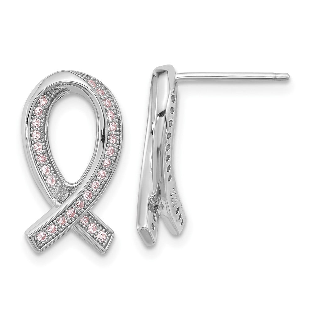 Brilliant Embers Sterling Silver Rhodium-plated 52 Stone Micro Pav‚ Pink CZ Awareness Ribbon Post Earrings, 0.36 ct, 18 x 10 mm
