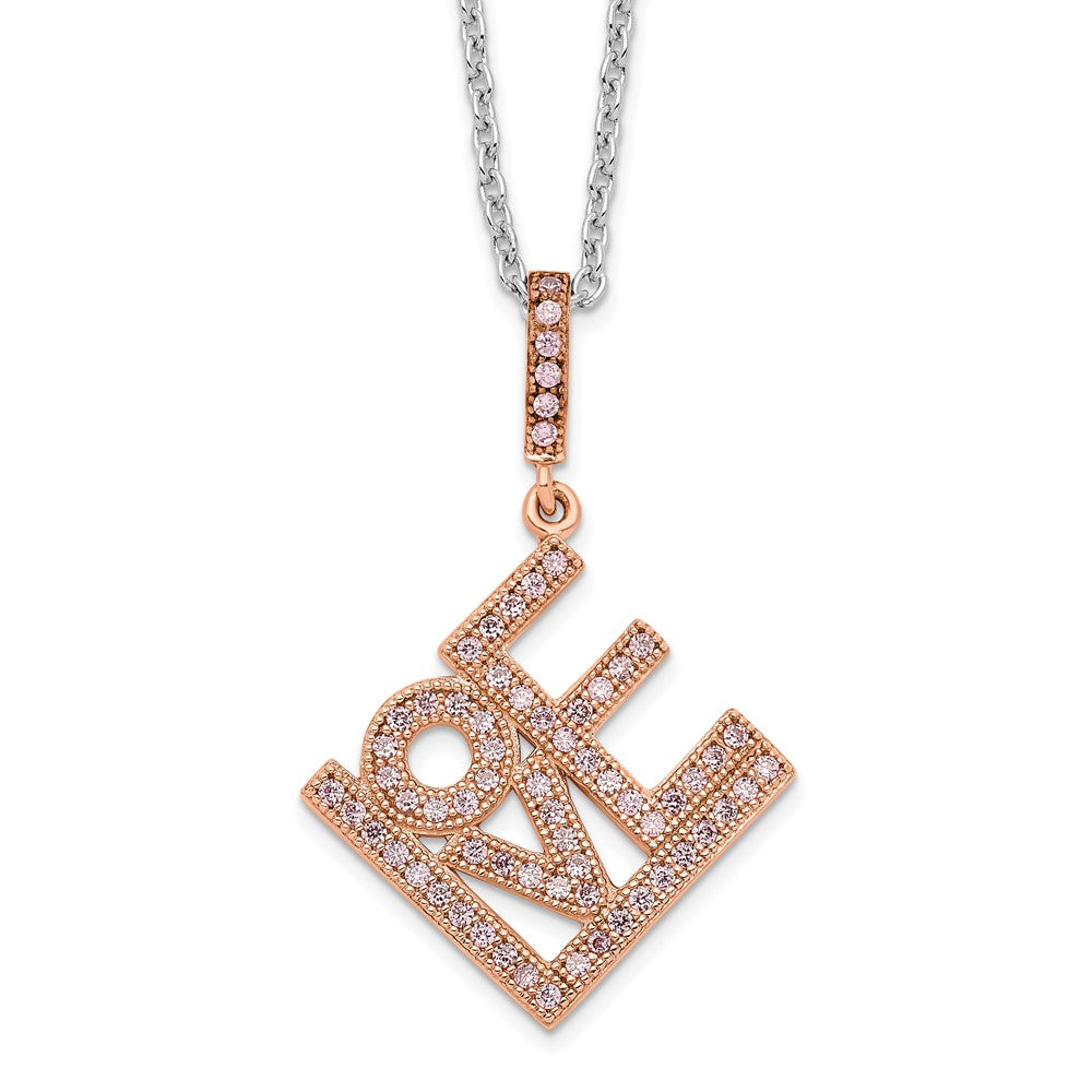 Brilliant Embers Sterling Silver Rose Gold-plated 68 Stone 18 inch Micro Pav‚ CZ  LOVE Necklace with 2 Inch Extender, 18 mm