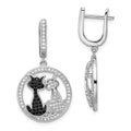 Brilliant Embers Sterling Silver Rhodium-plated 194 Stone Black and White CZ Cat Dangle Hinged Hoop Earrings, 36 x 19 mm
