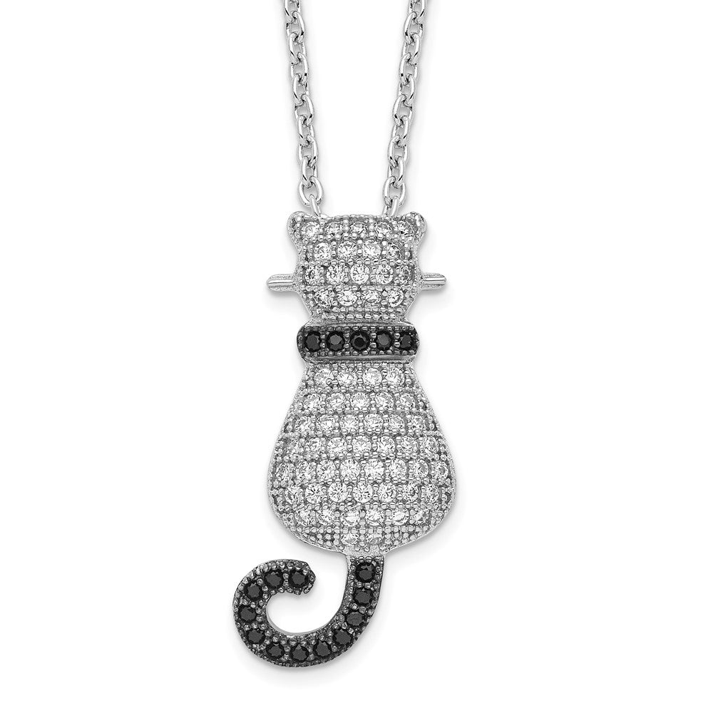 Brilliant Embers Sterling Silver Rhodium-plated 80 Stone 18 inch Micro Pav‚ Black and White CZ Polished Cat Necklace with 2 Inch Extender, 0.64 ct, 18 mm