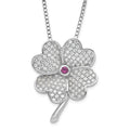 Sterling Silver Rhodium CZ & Red Corundum Four Leaf Clover Necklace, 20 x 17.6 mm