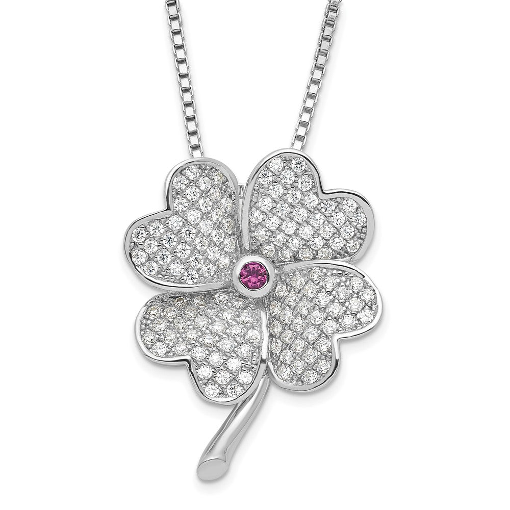 Sterling Silver Rhodium CZ & Red Corundum Four Leaf Clover Necklace, 20 x 17.6 mm