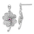 Sterling Silver Rhod-plated CZ & Red Corundum Four Leaf Clover Earrings, 26.5 x 14.5 mm