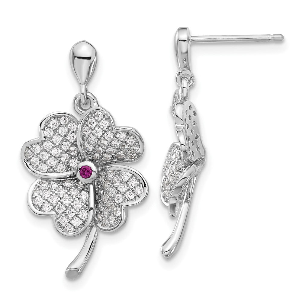 Sterling Silver Rhod-plated CZ & Red Corundum Four Leaf Clover Earrings, 26.5 x 14.5 mm