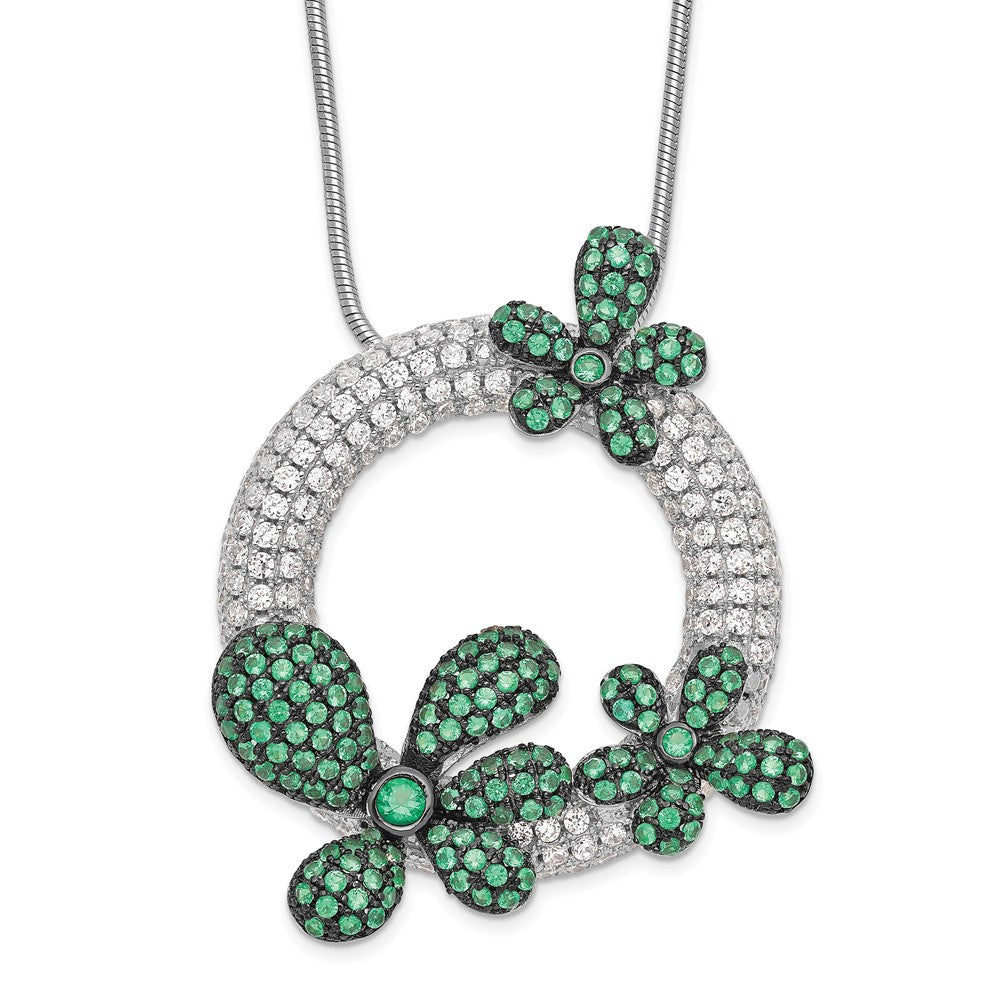 Brilliant Embers Sterling Silver Rhodium-plated 327 Stone 18 inch Micro Pav‚ White and Green CZ Flower Necklace with 2 Inch Extender, 18 mm