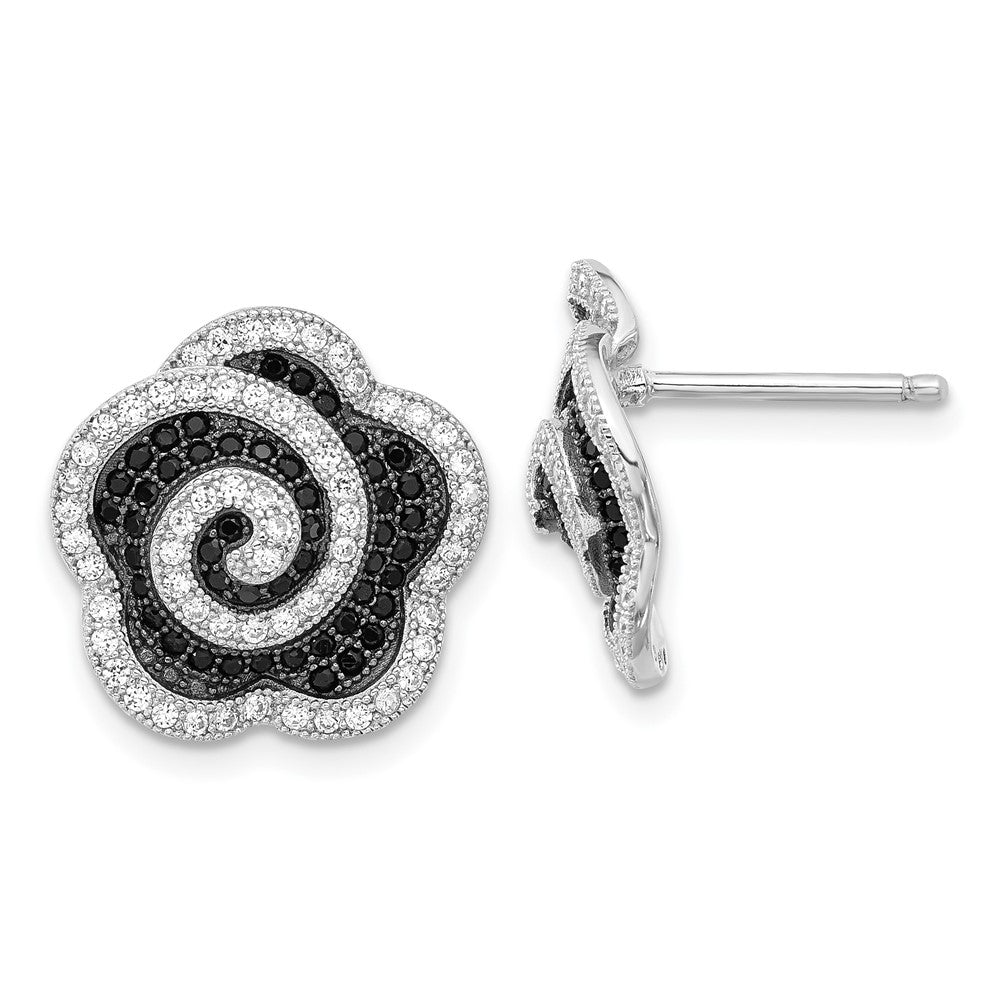 Sterling Silver True Fire Black & Clear CZ Swirl Flower Post Earrings, 15.7 x 16 mm