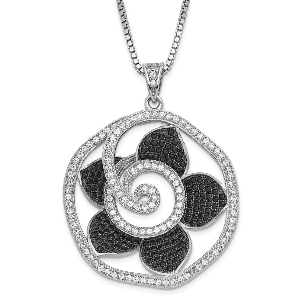 Sterling Silver Black & Clear CZ True Fire Flower Necklace, 20 x 27.5 mm