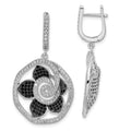 Sterling Silver True Fire Black & Clear CZ Flower Hinged Dangle Earrings, 39 x 22.7 mm