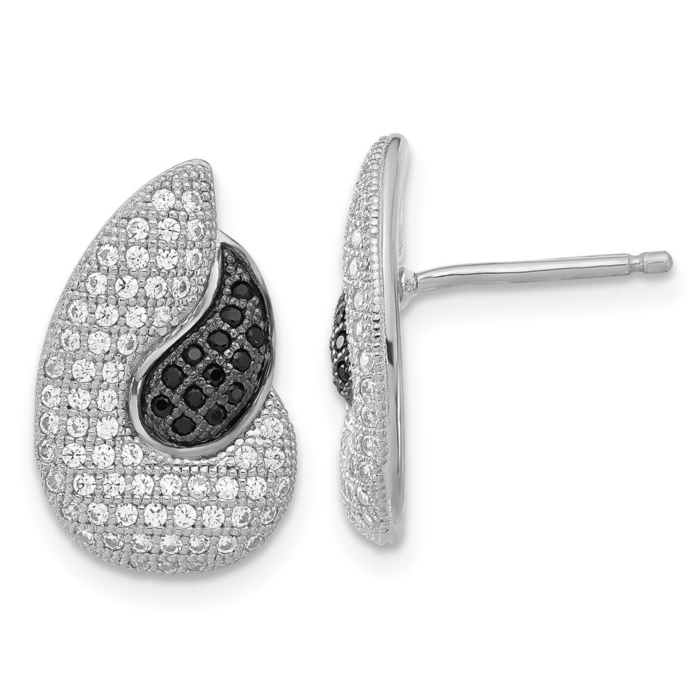 Sterling Silver True Fire Polished Black & Clear CZ Teardrops Post Earrings, 17.2 x 10.75 mm