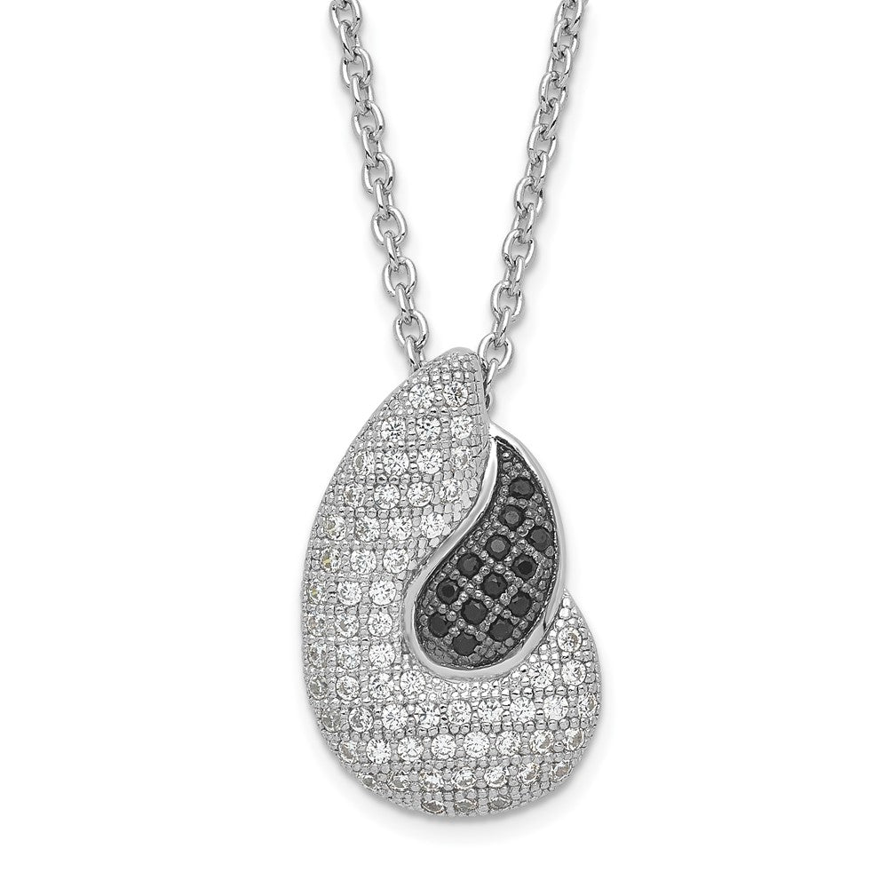 Sterling Silver Black & Clear CZ True Fire Polished Teardrops Necklace, 20 x 11 mm