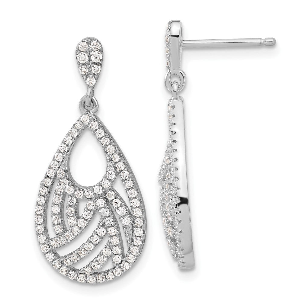 Sterling Silver Brilliant Embers Polished CZ Teardrop Dangle Post Earrings, 28.5 x 13.3 mm