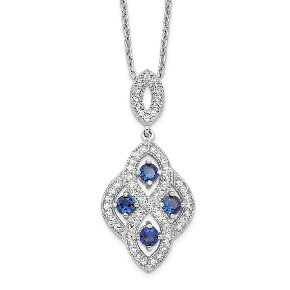 Brilliant Embers Sterling Silver Rhodium-Plated 64 Stone 18 inch Blue and White CZ Vintage Style Dangle Necklace with 2 Inch Extender, 1.27 ct, 18 mm