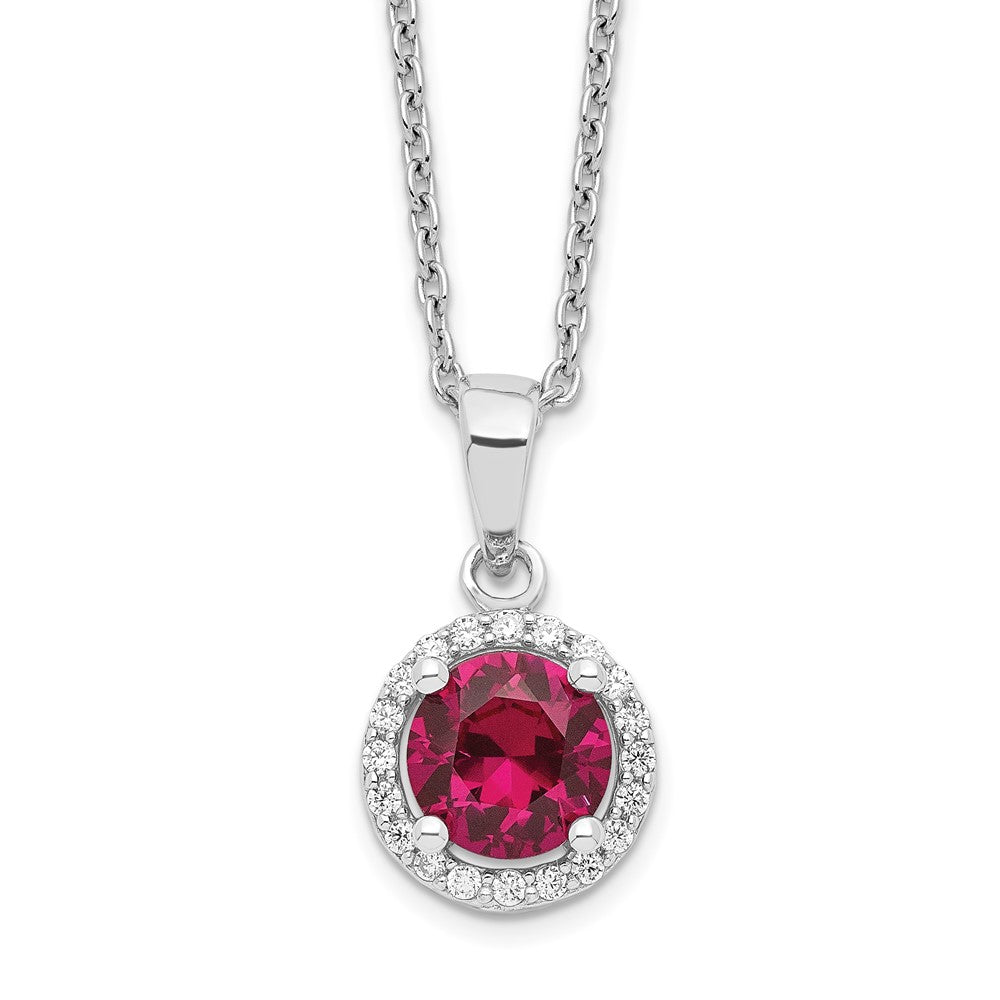 Brilliant Embers Sterling Silver Rhodium-plated 20 Stone 18 inch Red Corundum and Clear CZ Halo Necklace with 2 Inch Extender, 1.25 ct, 18 mm