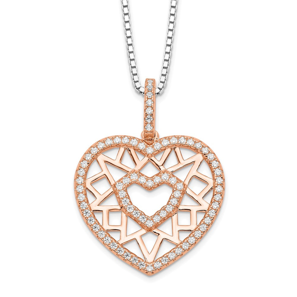 Brilliant Embers Sterling Silver Rose-tone Flash Rose Gold-plated 77 Stone 18 inch Micro Pav‚ CZ Heart Necklace with 2 Inch Extender, 18 mm