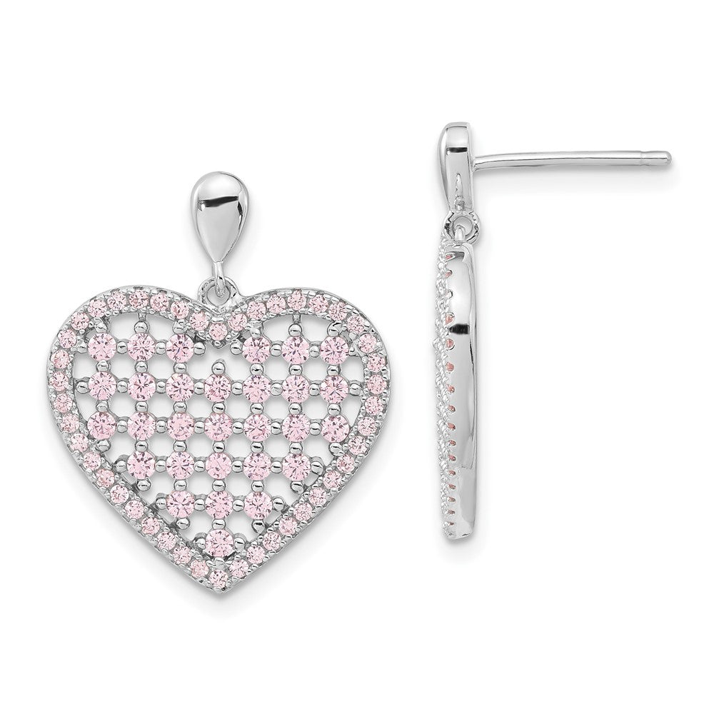 Brilliant Embers Sterling Silver Pink CZ Heart Post Dangle Earrings, 22.5 x 18.35 mm
