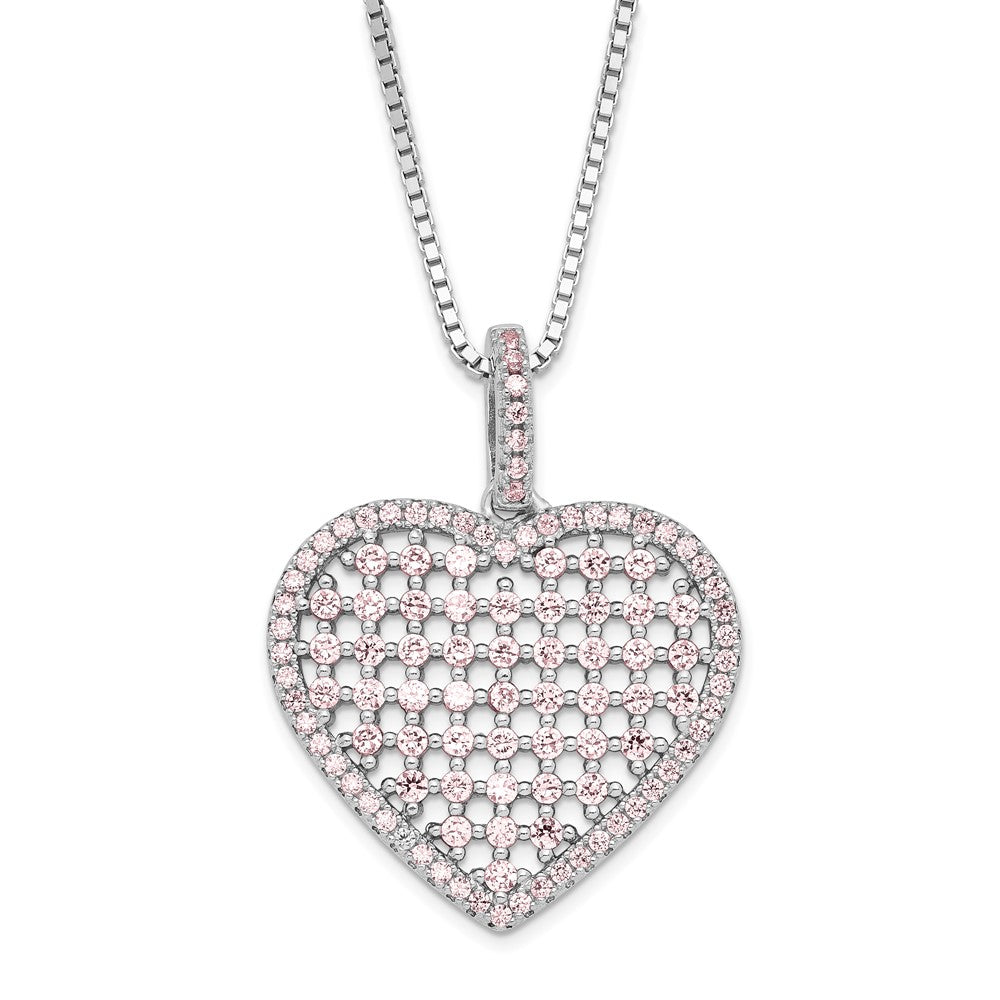Sterling Silver Brilliant Embers Pink CZ Heart w/ 2in ext Necklace, 20 mm