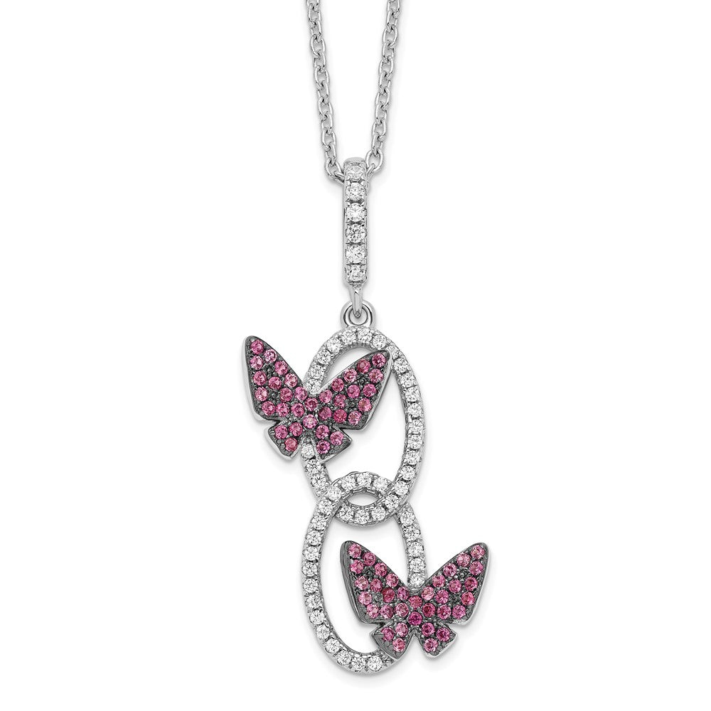 Brilliant Embers Sterling Silver Rhodium-plated 18 inch White CZ Ovals with Red CZ Butterflies Necklace with 2 Inch Extender, 18 mm