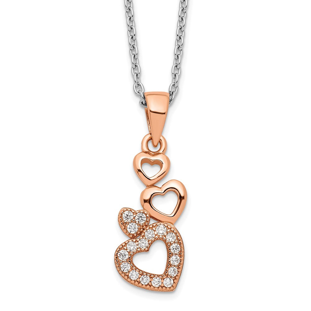 Brilliant Embers Sterling Silver Rose-tone Flash Rose Gold-plated 17 Stone 18 inch CZ Four Linked Hearts Necklace with 2 Inch Extender, 18 mm