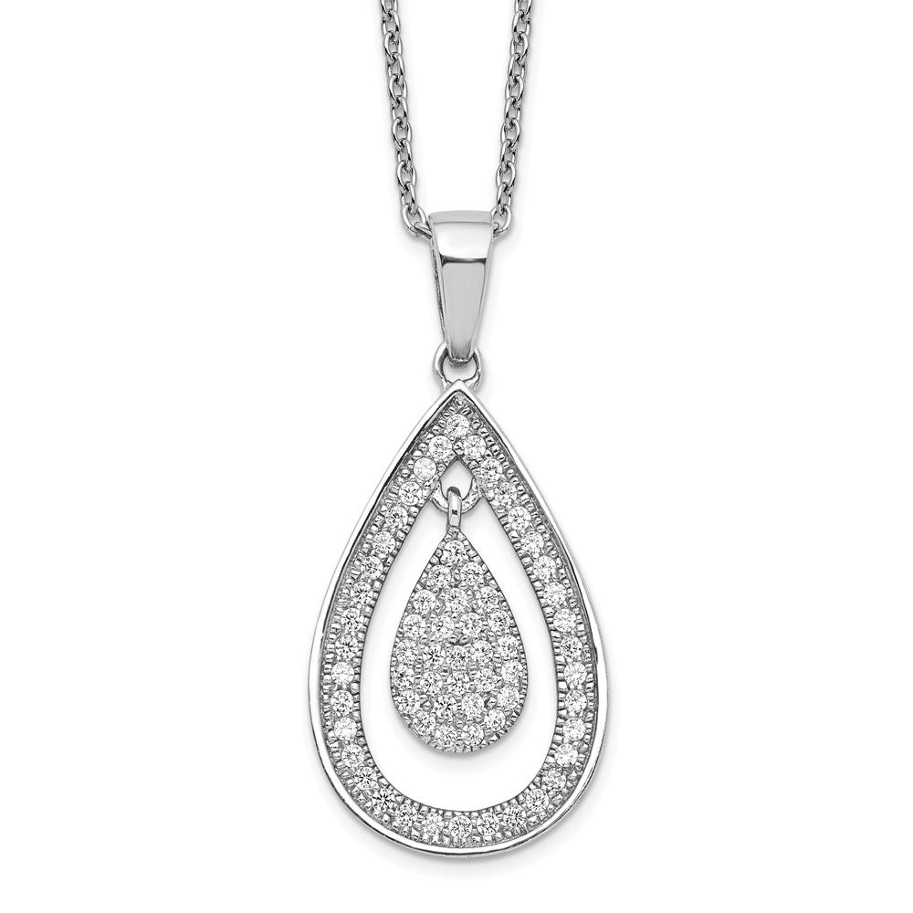 Brilliant Embers Sterling Silver Rhodium-plated 64 Stone 18 inch Micro Pav‚ CZ Teardrop Necklace with 2 Inch Extender, 20 x 15 mm