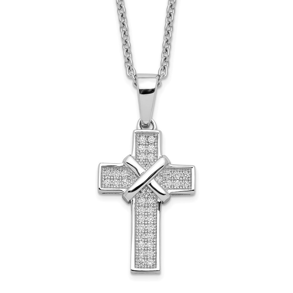 Brilliant Embers Sterling Silver Rhodium-plated 38 Stone 18 inch Micro Pav‚ CZ Polished Cross Necklace with 2 Inch Extender, 18 mm