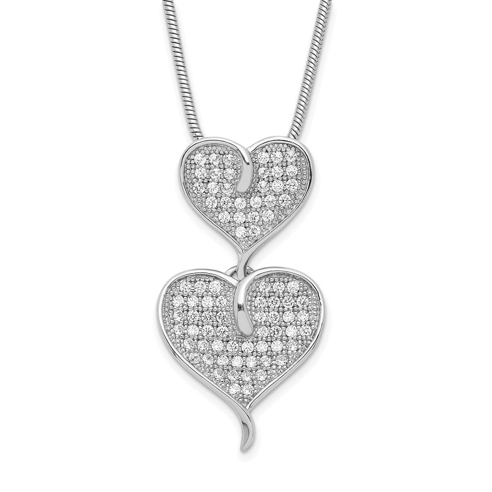Sterling Silver & CZ Brilliant Embers Polished Double Heart Necklace, 18 mm