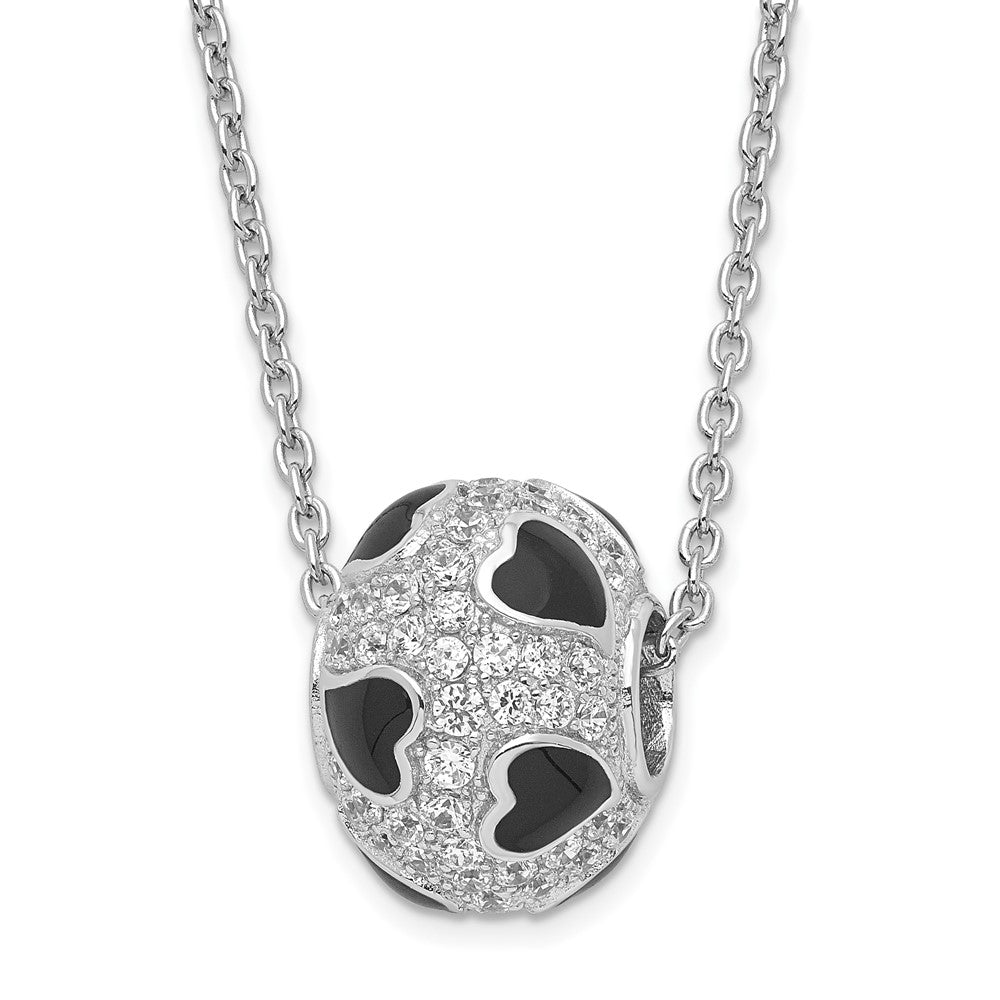 True Fire Sterling Silver Black Enamel & CZ Heart Bead Necklace, 20 x 9.9 mm