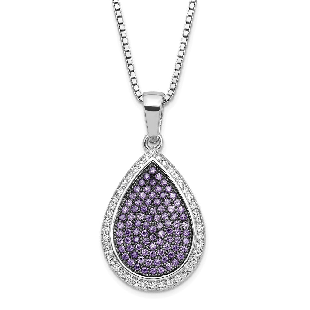 True Fire Sterling Silver Rhod-Plated Black & White CZ Teardrop Necklace, 20 x 15.25 mm