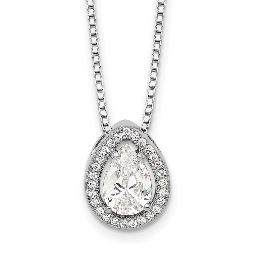Brilliant Embers Sterling Silver Rhodium-plated 28 Stone 18 inch Halo Micro Pav‚ CZ Teardrop Necklace with 2 Inch Extender, 18 mm