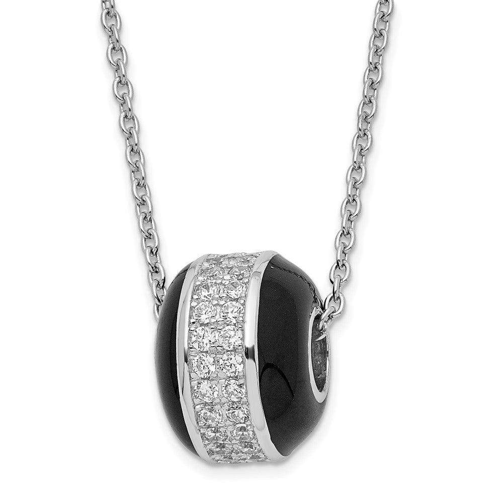 True Fire Sterling Silver Black Enamel & CZ Bead Necklace, 20 x 9.65 mm