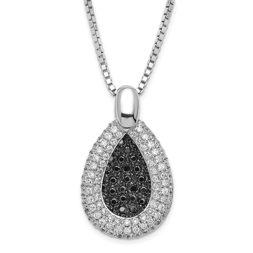 Sterling Silver Rhodium-plated Black & Clear CZ Teardrop Brilliant Embers w/ 2in ext Necklace, 20 mm