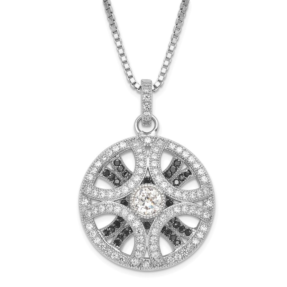 Sterling Silver Rhodium-Plated Black & Clear CZ Circle Brilliant Embers w/ 2in ext Necklace, 20 mm