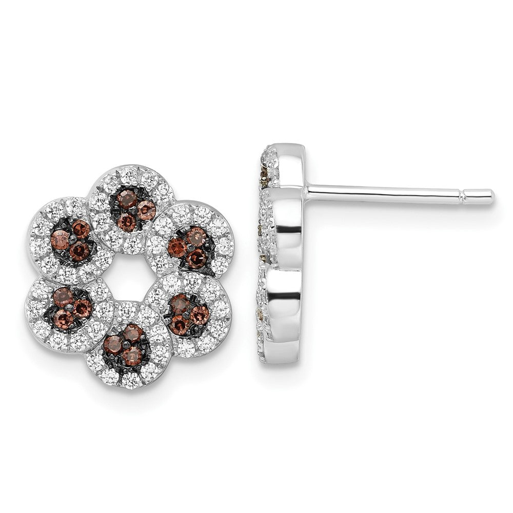 Sterling Silver Brown & Clear CZ Brilliant Embers Flower Post Earrings, 12.8 x 11.9 mm