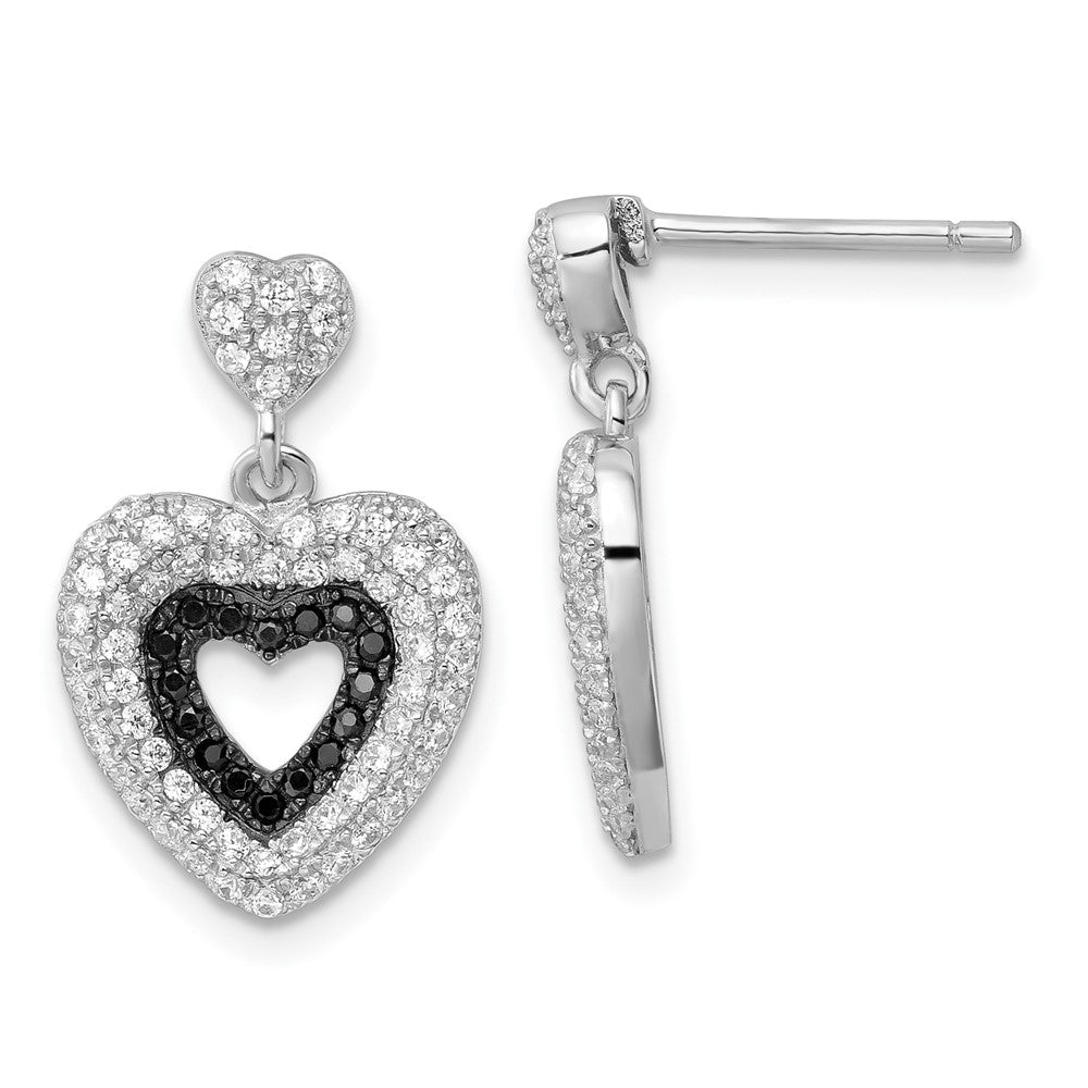 True Fire Sterling Silver Black & White CZ Heart Dangle Post Earrings, 19 x 12.25 mm