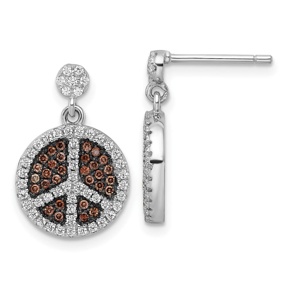 True Fire Sterling Silver Brown & White CZ  Peace Sign Dangle Earrings, 18.75 x 12.3 mm